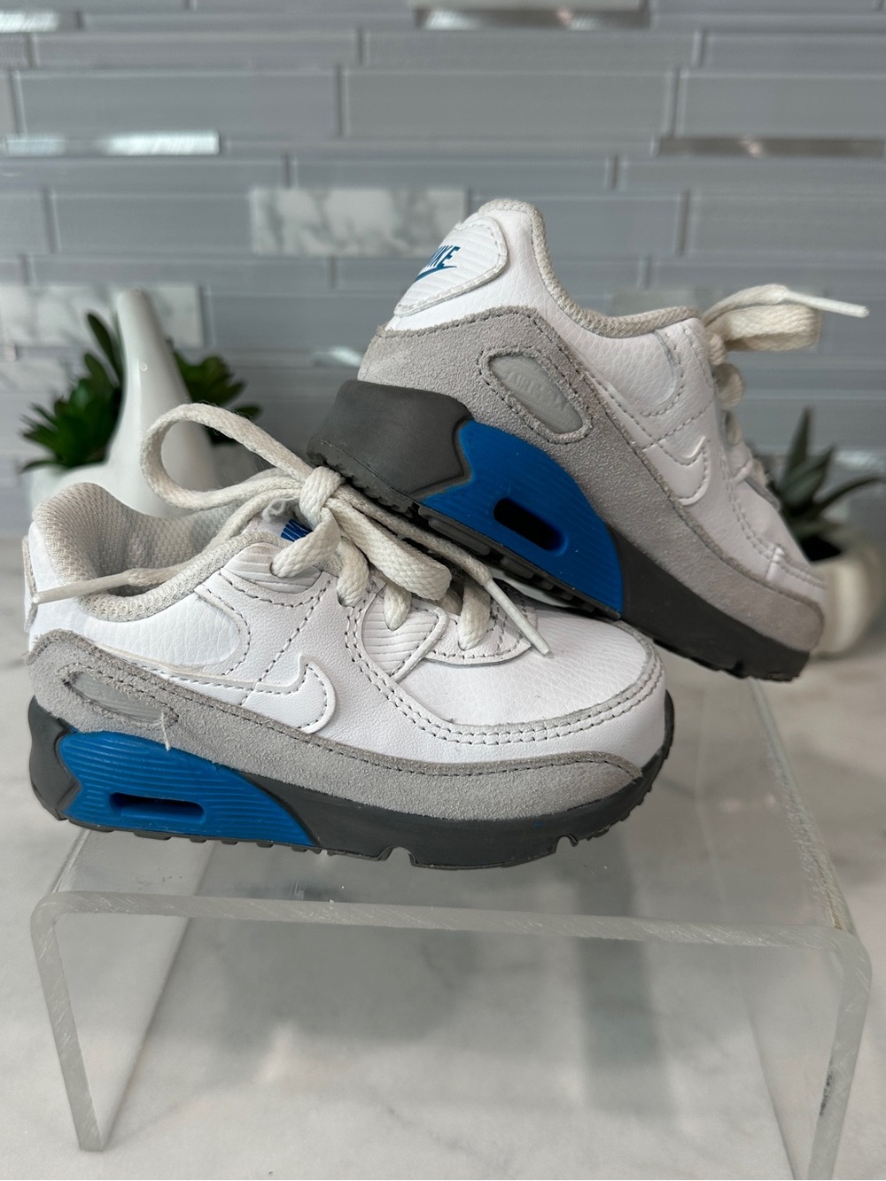Little Kidโs Nike Air Max 90 LTR White/Grey/Blue Fog Sneakers Size 6C - Picture 5 of 7